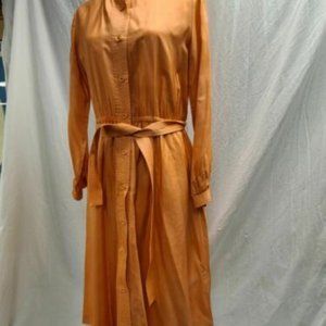 1950s Vintage Silk Peach Pink Buttoned Sleeve Self Belted Shirt Dress